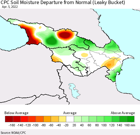 Azerbaijan, Armenia and Georgia CPC Soil Moisture Departure from Normal (Leaky Bucket) Thematic Map For 4/1/2022 - 4/5/2022