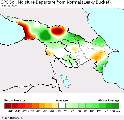 Azerbaijan, Armenia and Georgia CPC Soil Moisture Departure from Normal (Leaky Bucket) Thematic Map For 4/6/2022 - 4/10/2022