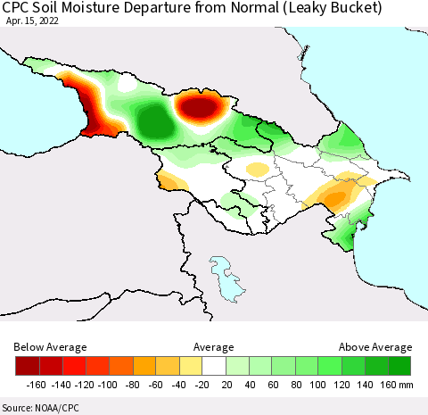 Azerbaijan, Armenia and Georgia CPC Soil Moisture Departure from Normal (Leaky Bucket) Thematic Map For 4/11/2022 - 4/15/2022