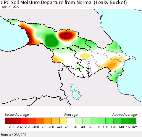 Azerbaijan, Armenia and Georgia CPC Soil Moisture Departure from Normal (Leaky Bucket) Thematic Map For 4/16/2022 - 4/20/2022