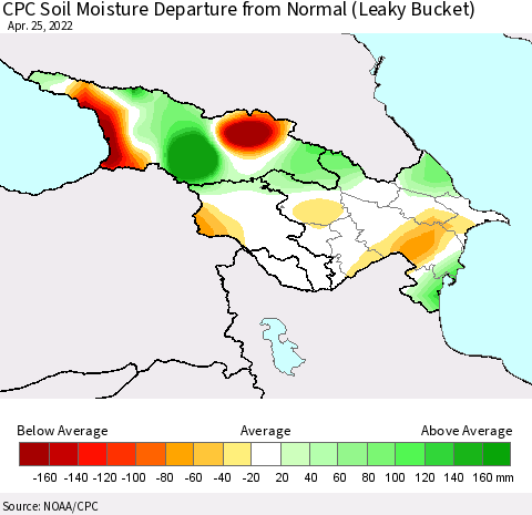 Azerbaijan, Armenia and Georgia CPC Soil Moisture Departure from Normal (Leaky Bucket) Thematic Map For 4/21/2022 - 4/25/2022