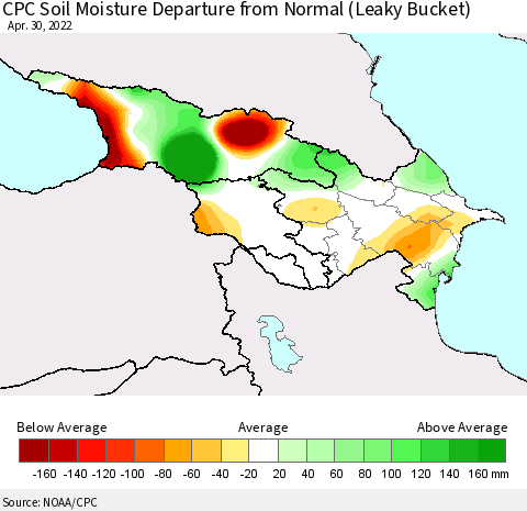 Azerbaijan, Armenia and Georgia CPC Soil Moisture Departure from Normal (Leaky Bucket) Thematic Map For 4/26/2022 - 4/30/2022