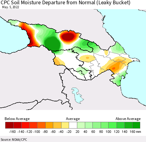 Azerbaijan, Armenia and Georgia CPC Soil Moisture Departure from Normal (Leaky Bucket) Thematic Map For 5/1/2022 - 5/5/2022
