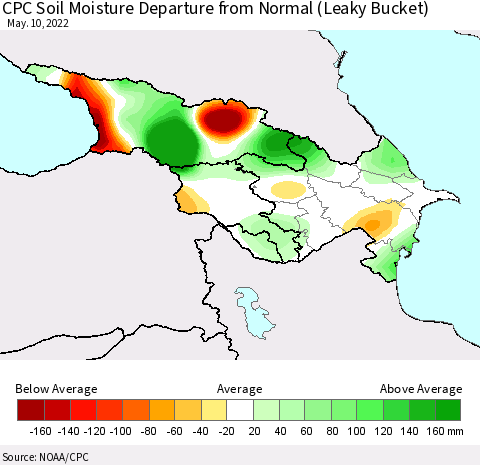 Azerbaijan, Armenia and Georgia CPC Soil Moisture Departure from Normal (Leaky Bucket) Thematic Map For 5/6/2022 - 5/10/2022