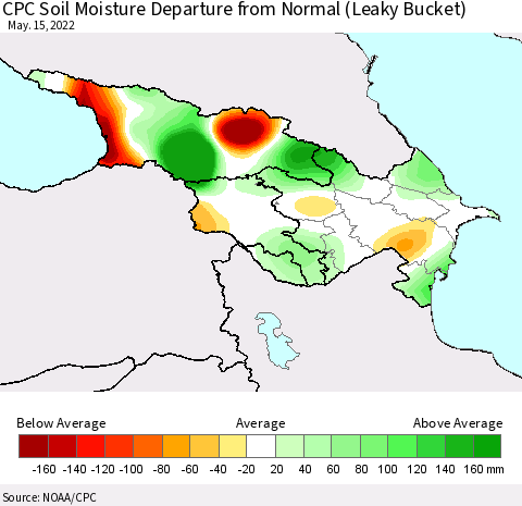 Azerbaijan, Armenia and Georgia CPC Soil Moisture Departure from Normal (Leaky Bucket) Thematic Map For 5/11/2022 - 5/15/2022