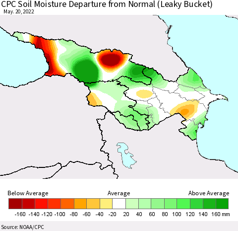 Azerbaijan, Armenia and Georgia CPC Soil Moisture Departure from Normal (Leaky Bucket) Thematic Map For 5/16/2022 - 5/20/2022