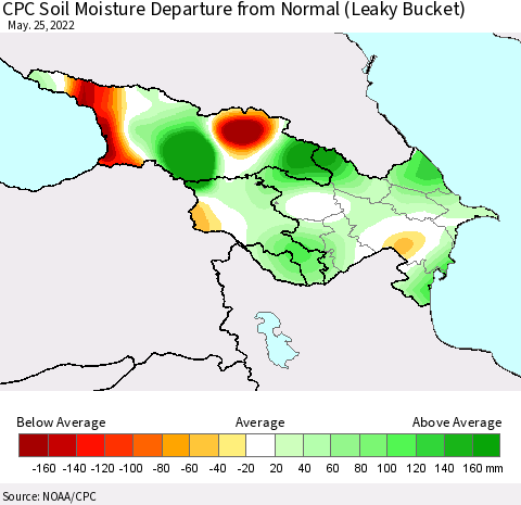 Azerbaijan, Armenia and Georgia CPC Soil Moisture Departure from Normal (Leaky Bucket) Thematic Map For 5/21/2022 - 5/25/2022