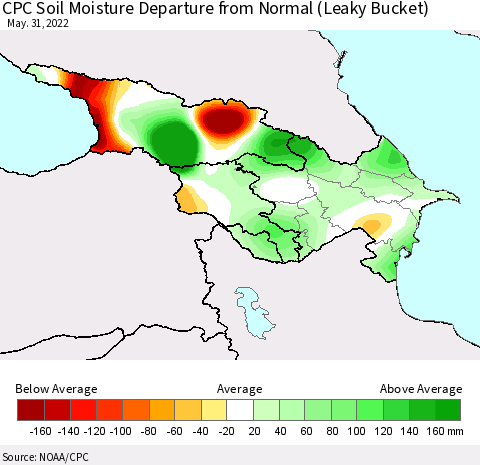 Azerbaijan, Armenia and Georgia CPC Soil Moisture Departure from Normal (Leaky Bucket) Thematic Map For 5/26/2022 - 5/31/2022