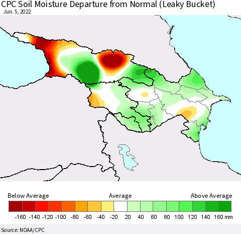 Azerbaijan, Armenia and Georgia CPC Soil Moisture Departure from Normal (Leaky Bucket) Thematic Map For 6/1/2022 - 6/5/2022