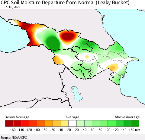 Azerbaijan, Armenia and Georgia CPC Soil Moisture Departure from Normal (Leaky Bucket) Thematic Map For 6/6/2022 - 6/10/2022