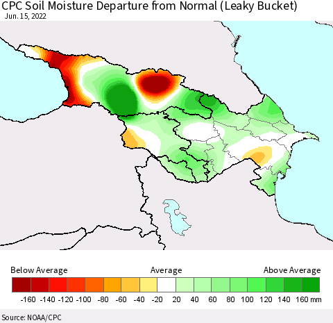 Azerbaijan, Armenia and Georgia CPC Soil Moisture Departure from Normal (Leaky Bucket) Thematic Map For 6/11/2022 - 6/15/2022