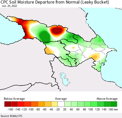 Azerbaijan, Armenia and Georgia CPC Soil Moisture Departure from Normal (Leaky Bucket) Thematic Map For 6/16/2022 - 6/20/2022