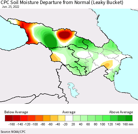 Azerbaijan, Armenia and Georgia CPC Soil Moisture Departure from Normal (Leaky Bucket) Thematic Map For 6/21/2022 - 6/25/2022