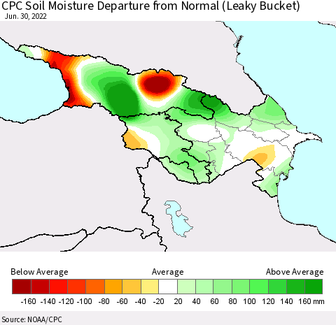Azerbaijan, Armenia and Georgia CPC Soil Moisture Departure from Normal (Leaky Bucket) Thematic Map For 6/26/2022 - 6/30/2022