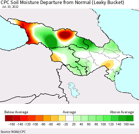 Azerbaijan, Armenia and Georgia CPC Soil Moisture Departure from Normal (Leaky Bucket) Thematic Map For 7/6/2022 - 7/10/2022