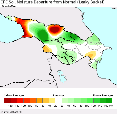 Azerbaijan, Armenia and Georgia CPC Soil Moisture Departure from Normal (Leaky Bucket) Thematic Map For 7/11/2022 - 7/15/2022