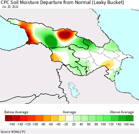 Azerbaijan, Armenia and Georgia CPC Soil Moisture Departure from Normal (Leaky Bucket) Thematic Map For 7/16/2022 - 7/20/2022