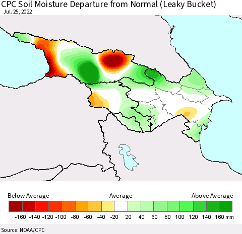 Azerbaijan, Armenia and Georgia CPC Soil Moisture Departure from Normal (Leaky Bucket) Thematic Map For 7/21/2022 - 7/25/2022