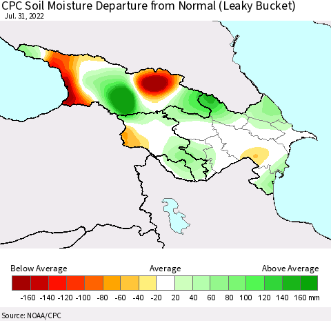 Azerbaijan, Armenia and Georgia CPC Soil Moisture Departure from Normal (Leaky Bucket) Thematic Map For 7/26/2022 - 7/31/2022