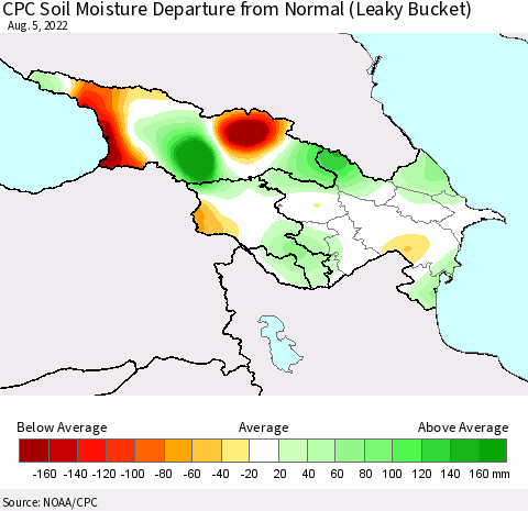 Azerbaijan, Armenia and Georgia CPC Soil Moisture Departure from Normal (Leaky Bucket) Thematic Map For 8/1/2022 - 8/5/2022