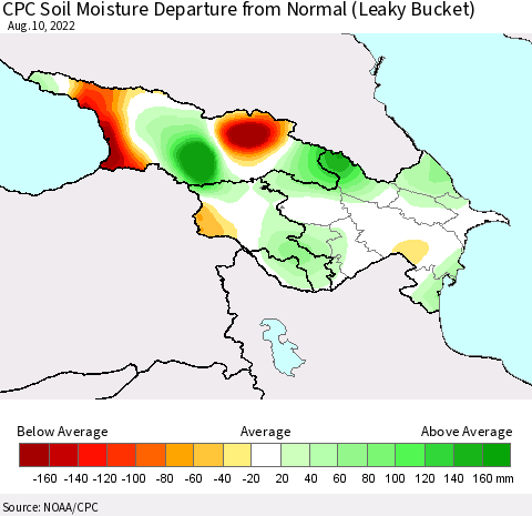 Azerbaijan, Armenia and Georgia CPC Soil Moisture Departure from Normal (Leaky Bucket) Thematic Map For 8/6/2022 - 8/10/2022
