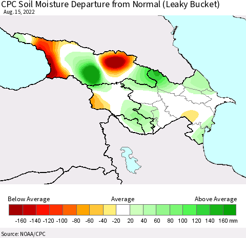 Azerbaijan, Armenia and Georgia CPC Soil Moisture Departure from Normal (Leaky Bucket) Thematic Map For 8/11/2022 - 8/15/2022