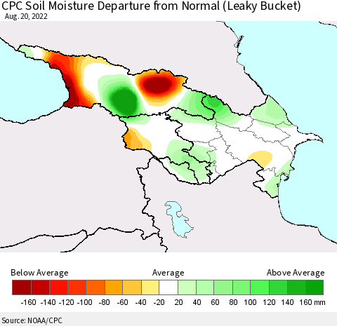 Azerbaijan, Armenia and Georgia CPC Soil Moisture Departure from Normal (Leaky Bucket) Thematic Map For 8/16/2022 - 8/20/2022