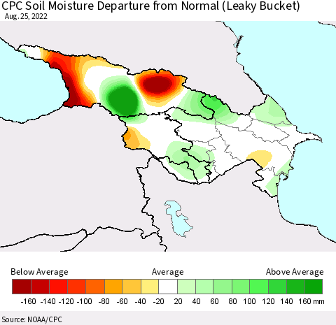 Azerbaijan, Armenia and Georgia CPC Soil Moisture Departure from Normal (Leaky Bucket) Thematic Map For 8/21/2022 - 8/25/2022