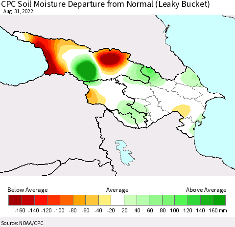 Azerbaijan, Armenia and Georgia CPC Soil Moisture Departure from Normal (Leaky Bucket) Thematic Map For 8/26/2022 - 8/31/2022