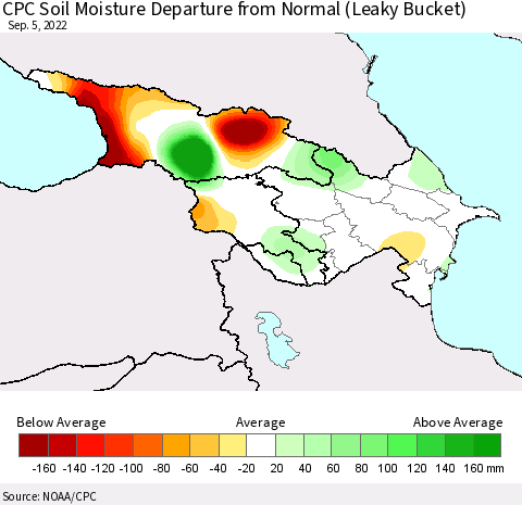 Azerbaijan, Armenia and Georgia CPC Soil Moisture Departure from Normal (Leaky Bucket) Thematic Map For 9/1/2022 - 9/5/2022