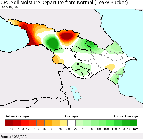 Azerbaijan, Armenia and Georgia CPC Soil Moisture Departure from Normal (Leaky Bucket) Thematic Map For 9/6/2022 - 9/10/2022