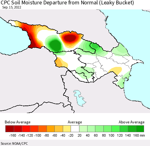 Azerbaijan, Armenia and Georgia CPC Soil Moisture Departure from Normal (Leaky Bucket) Thematic Map For 9/11/2022 - 9/15/2022