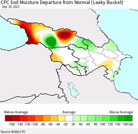 Azerbaijan, Armenia and Georgia CPC Soil Moisture Departure from Normal (Leaky Bucket) Thematic Map For 9/16/2022 - 9/20/2022