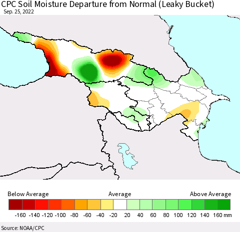 Azerbaijan, Armenia and Georgia CPC Soil Moisture Departure from Normal (Leaky Bucket) Thematic Map For 9/21/2022 - 9/25/2022