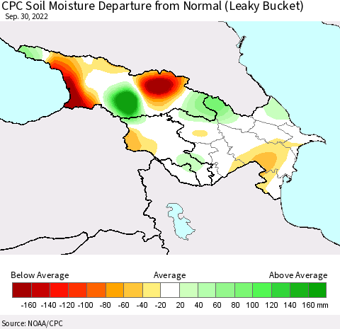 Azerbaijan, Armenia and Georgia CPC Soil Moisture Departure from Normal (Leaky Bucket) Thematic Map For 9/26/2022 - 9/30/2022