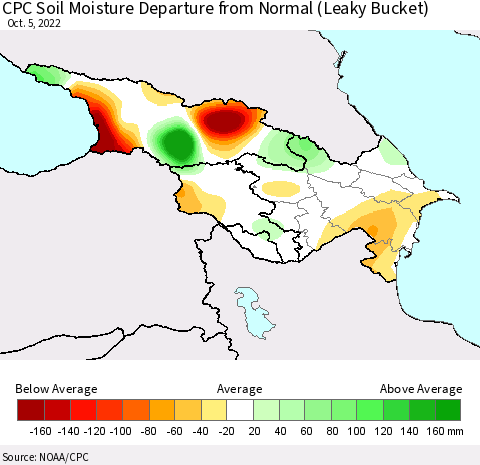 Azerbaijan, Armenia and Georgia CPC Soil Moisture Departure from Normal (Leaky Bucket) Thematic Map For 10/1/2022 - 10/5/2022