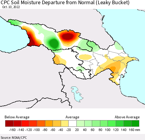 Azerbaijan, Armenia and Georgia CPC Soil Moisture Departure from Normal (Leaky Bucket) Thematic Map For 10/6/2022 - 10/10/2022