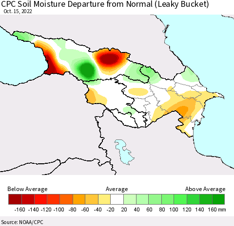 Azerbaijan, Armenia and Georgia CPC Soil Moisture Departure from Normal (Leaky Bucket) Thematic Map For 10/11/2022 - 10/15/2022