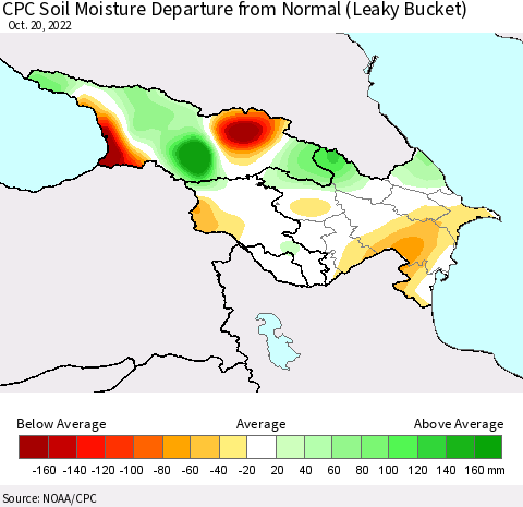 Azerbaijan, Armenia and Georgia CPC Soil Moisture Departure from Normal (Leaky Bucket) Thematic Map For 10/16/2022 - 10/20/2022