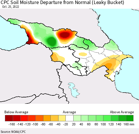 Azerbaijan, Armenia and Georgia CPC Soil Moisture Departure from Normal (Leaky Bucket) Thematic Map For 10/21/2022 - 10/25/2022