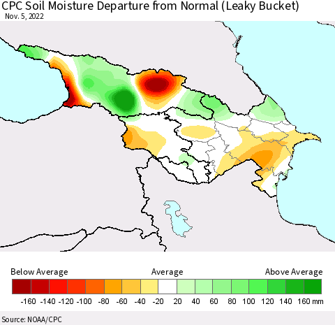 Azerbaijan, Armenia and Georgia CPC Soil Moisture Departure from Normal (Leaky Bucket) Thematic Map For 11/1/2022 - 11/5/2022