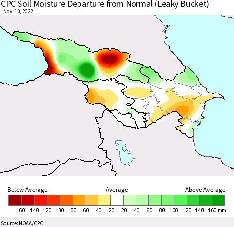 Azerbaijan, Armenia and Georgia CPC Soil Moisture Departure from Normal (Leaky Bucket) Thematic Map For 11/6/2022 - 11/10/2022