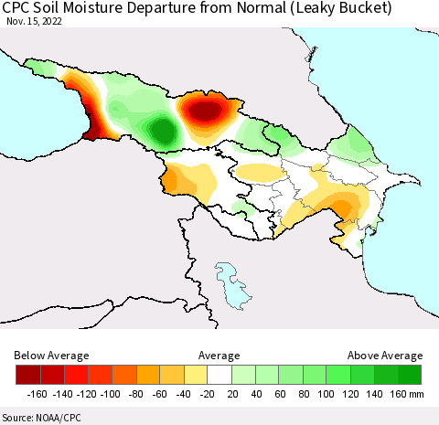 Azerbaijan, Armenia and Georgia CPC Soil Moisture Departure from Normal (Leaky Bucket) Thematic Map For 11/11/2022 - 11/15/2022