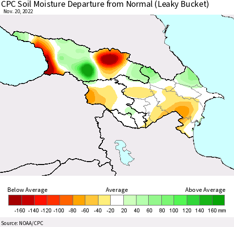 Azerbaijan, Armenia and Georgia CPC Soil Moisture Departure from Normal (Leaky Bucket) Thematic Map For 11/16/2022 - 11/20/2022