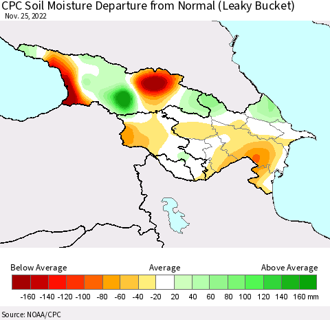 Azerbaijan, Armenia and Georgia CPC Soil Moisture Departure from Normal (Leaky Bucket) Thematic Map For 11/21/2022 - 11/25/2022
