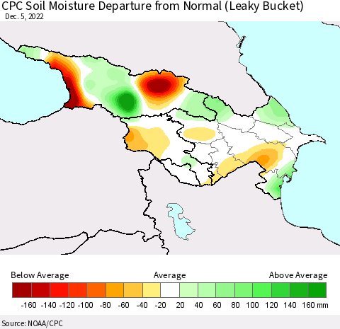 Azerbaijan, Armenia and Georgia CPC Soil Moisture Departure from Normal (Leaky Bucket) Thematic Map For 12/1/2022 - 12/5/2022