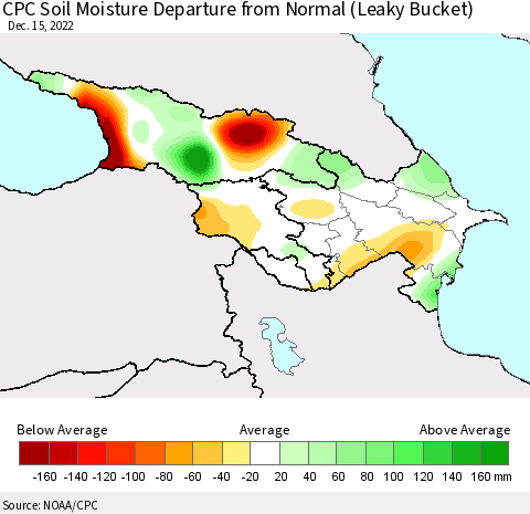 Azerbaijan, Armenia and Georgia CPC Soil Moisture Departure from Normal (Leaky Bucket) Thematic Map For 12/11/2022 - 12/15/2022