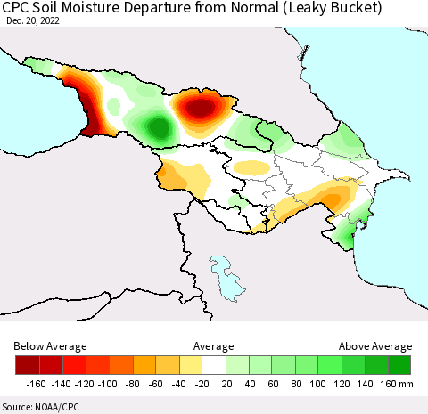 Azerbaijan, Armenia and Georgia CPC Soil Moisture Departure from Normal (Leaky Bucket) Thematic Map For 12/16/2022 - 12/20/2022