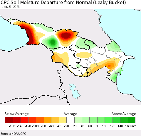 Azerbaijan, Armenia and Georgia CPC Soil Moisture Departure from Normal (Leaky Bucket) Thematic Map For 1/26/2023 - 1/31/2023