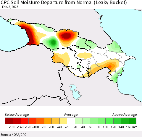 Azerbaijan, Armenia and Georgia CPC Soil Moisture Departure from Normal (Leaky Bucket) Thematic Map For 2/1/2023 - 2/5/2023